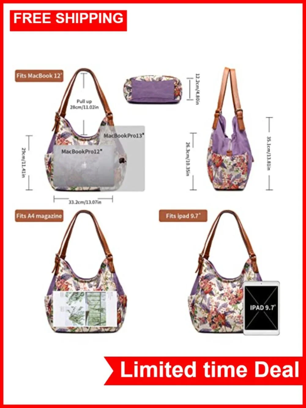 Canvas Hobo Purse Multi Pocket Tote Shopper Shoulder Bag Embroidery Ethnic